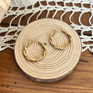 Gold Twisted Rope Hoop Earrings Textured Round Minimalist Jewelry 1.1 Inch